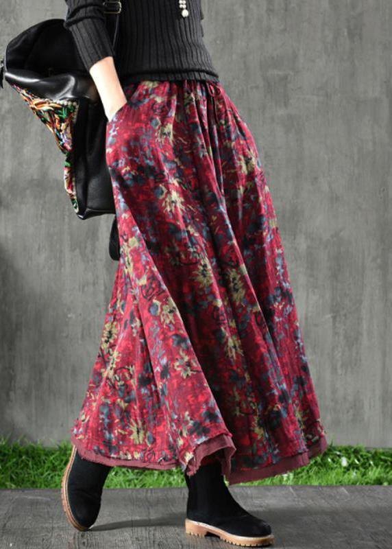 Women Velour Red Floral Skirt Maxi Length - bagstylebliss