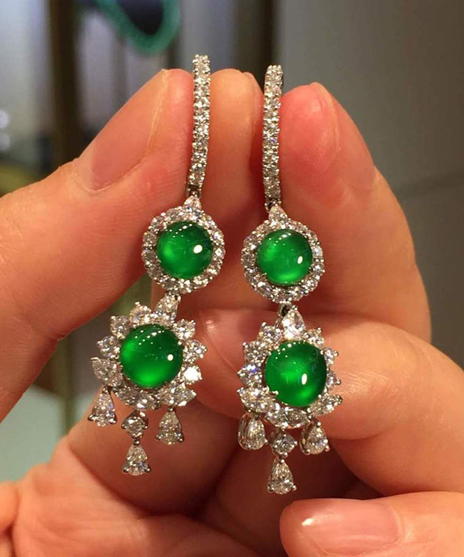 Women Sterling Silver Inlaid Zircon Jade Tassel Drop Earrings