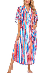 Women Striped Side Open Button Maxi Beach Dress Short Sleeve