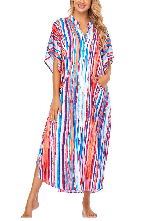 Women Striped Side Open Button Maxi Beach Dress Short Sleeve