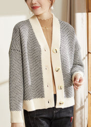 Women Striped V Neck Button Patchwork Knit Coats Fall