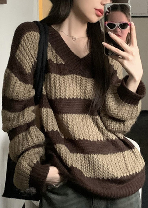 Women Striped V Neck Hollow Out Knit Sweaters Long Sleeve