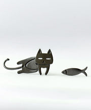 Women Stylish Cat and Fish Asymmetrical Design Metal Stud Earrings