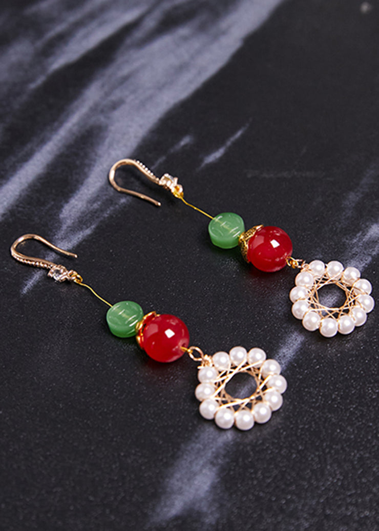 Women Sunflower Pearl Coral Long Drop Earrings