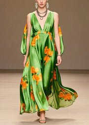 Women Tea Green V Neck Print Silk Long Dresses Summer