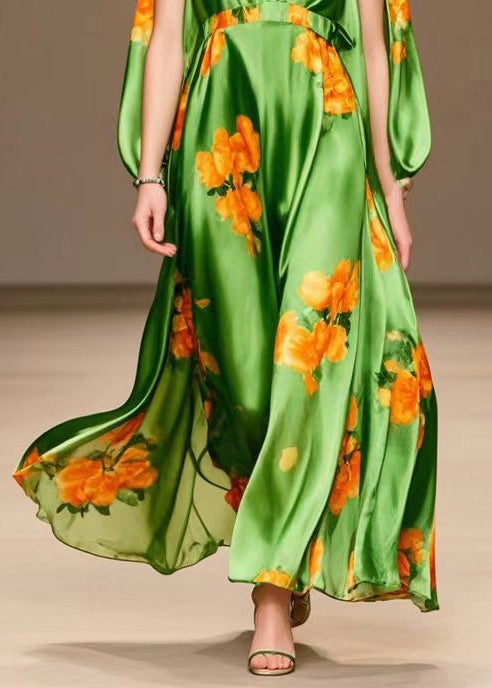 Women Tea Green V Neck Print Silk Long Dresses Summer