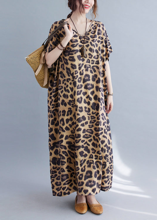 Women V Neck Leopard Print Silk Long Dresses Summer