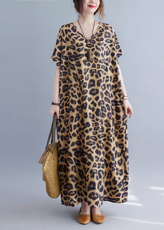 Women V Neck Leopard Print Silk Long Dresses Summer