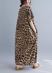 Women V Neck Leopard Print Silk Long Dresses Summer