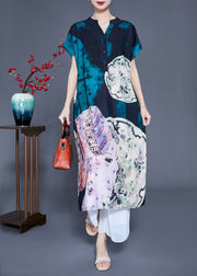 Women V Neck Original Design Print Silk Long Dress Summer