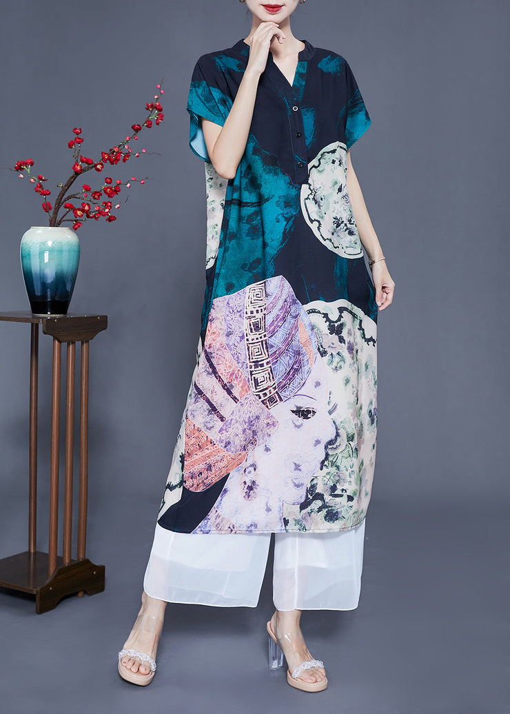 Women V Neck Original Design Print Silk Long Dress Summer