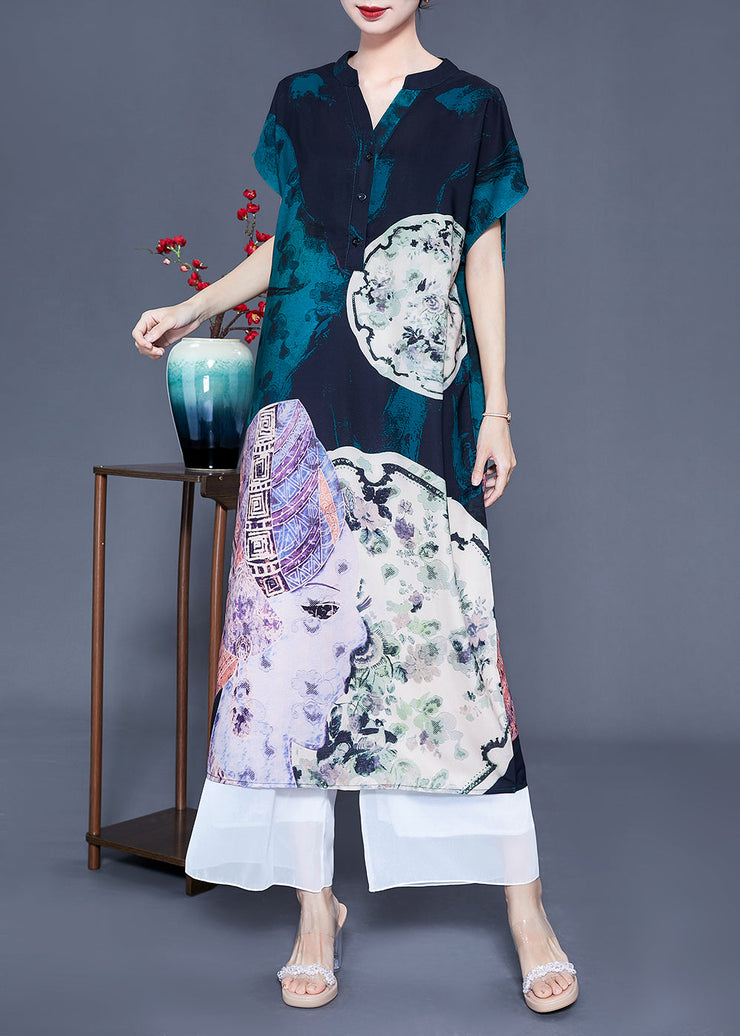 Women V Neck Original Design Print Silk Long Dress Summer