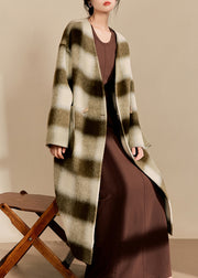 Women V Neck Pockets Plaid Woolen Maxi Coats Fall