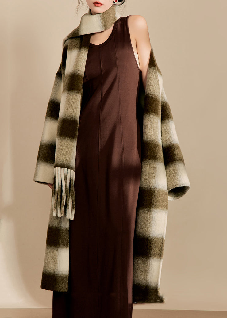 Women V Neck Pockets Plaid Woolen Maxi Coats Fall