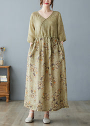 Women V Neck Print Drawstring Linen Maxi Dress Half Sleeve