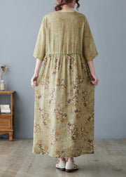 Women V Neck Print Drawstring Linen Maxi Dress Half Sleeve