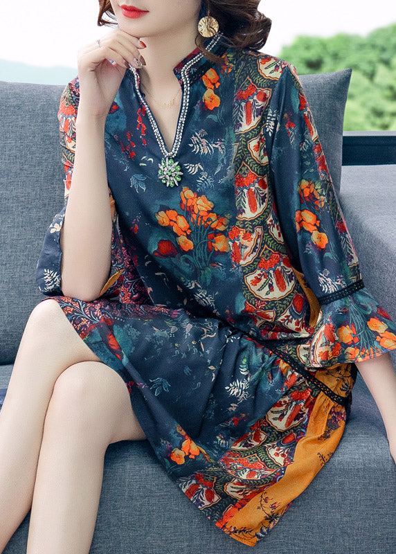 Women V Neck Print Patchwork Chiffon Mid Dresses Summer