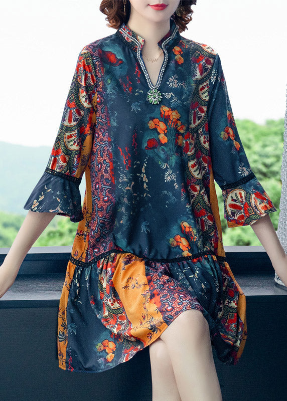 Women V Neck Print Patchwork Chiffon Mid Dresses Summer