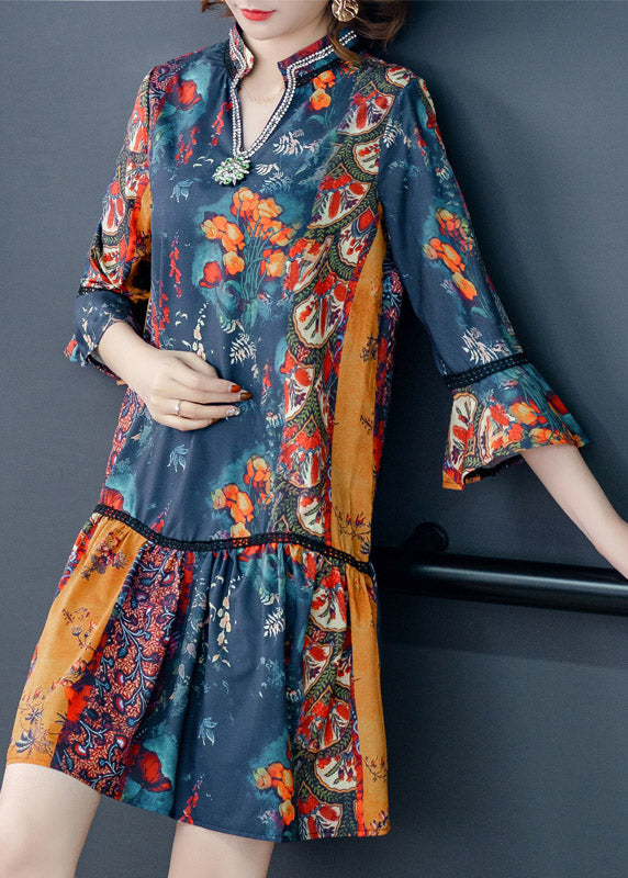 Women V Neck Print Patchwork Chiffon Mid Dresses Summer