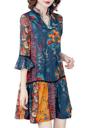 Women V Neck Print Patchwork Chiffon Mid Dresses Summer