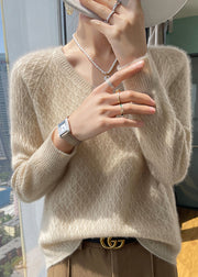 Women Versatile Pink V Neck Knit Sweaters Top Winter