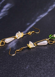 Women Water Droplet Pearl Green Leaf Drop Earrings