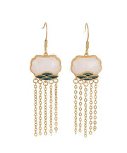 Women White Ancient Gold Inlaid Jade Enamel Tassel Drop Earrings