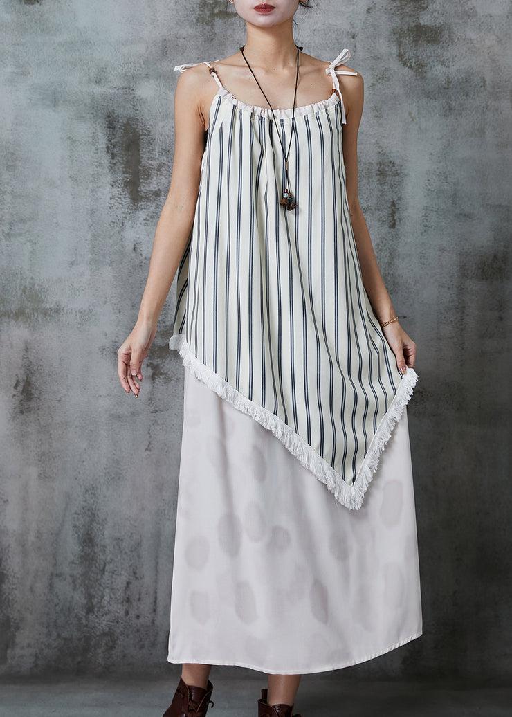 Women White Asymmetrical Patchwork Striped Summer Dress