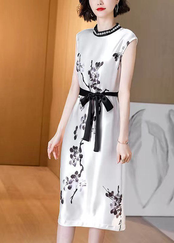 Women White Cinched Ink Print Silk Dresses Sleeveless