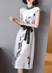 Women White Cinched Ink Print Silk Dresses Sleeveless