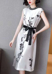 Women White Cinched Ink Print Silk Dresses Sleeveless