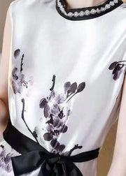 Women White Cinched Ink Print Silk Dresses Sleeveless