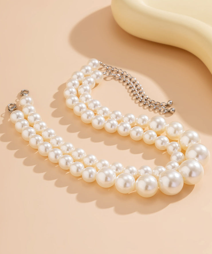 Women White Double Layered Pearl Detachable Collar Necklace