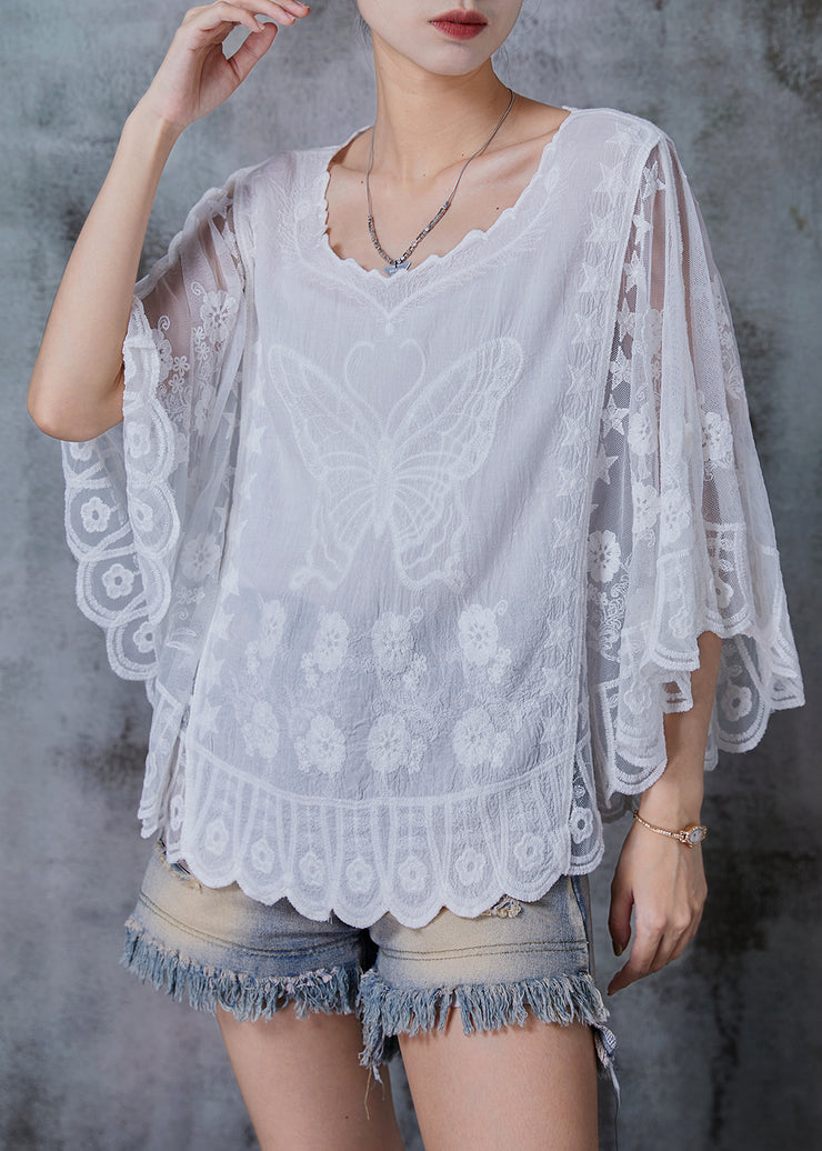 Women White Embroidered Butterfly Cotton Blouses Summer