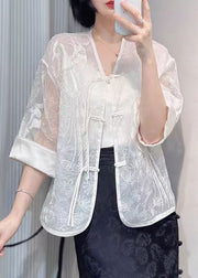 Women White Embroidered Button Silk Blouse Summer