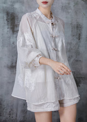 Women White Embroidered Chinese Button Chiffon Two Piece Set Summer