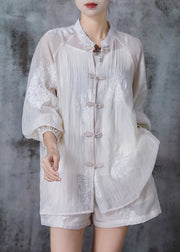 Women White Embroidered Chinese Button Chiffon Two Piece Set Summer