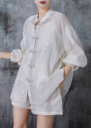 Women White Embroidered Chinese Button Chiffon Two Piece Set Summer