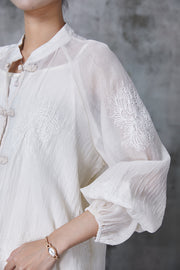 Women White Embroidered Chinese Button Chiffon Two Piece Set Summer