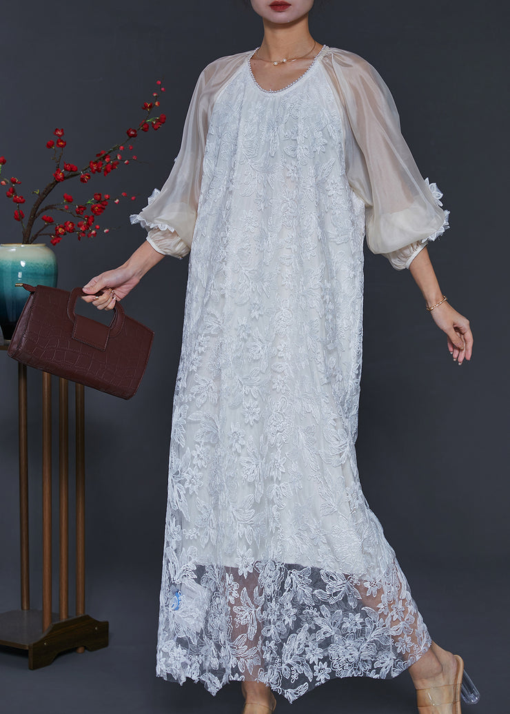 Women White Embroidered Tulle Robe Dresses Lantern Sleeve