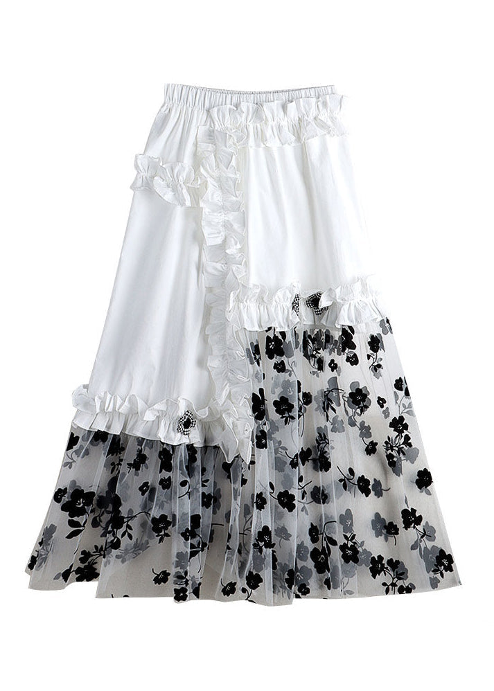 Women White Embroideried Floral Elastic Waist Asymmetrical Patchwork Tulle A Line Skirt Summer