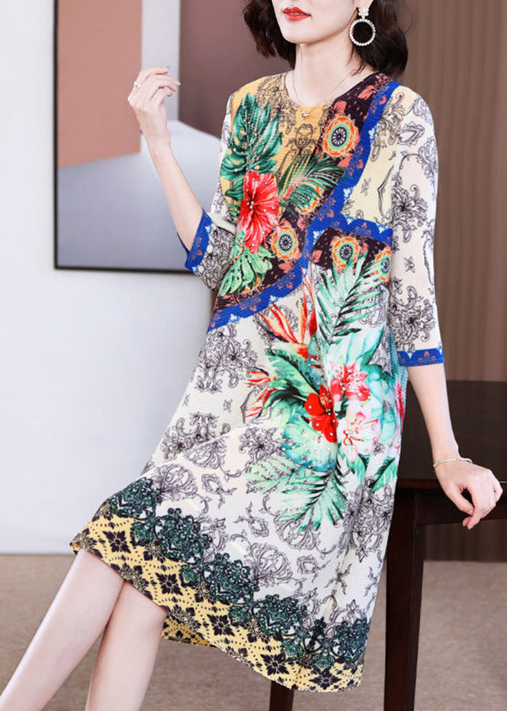 Women White Floral Print Wrinkled Maxi Dresses Bracelet Sleeve