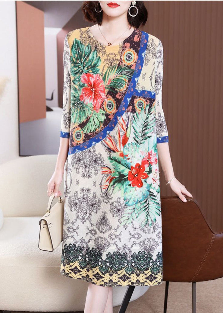 Women White Floral Print Wrinkled Maxi Dresses Bracelet Sleeve