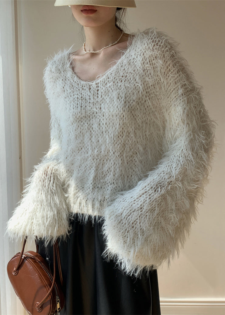 Women White Fluffy Hollow Out Knit Sweaters Winter