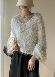 Women White Fluffy Hollow Out Knit Sweaters Winter