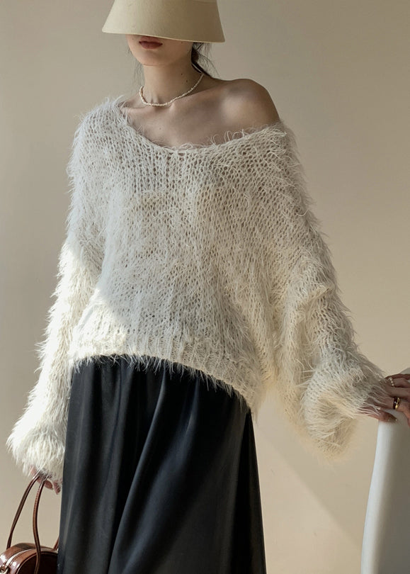 Women White Fluffy Hollow Out Knit Sweaters Winter