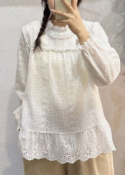 Women White Hollow Out Lace Patchwork Cotton Top Long Sleeve