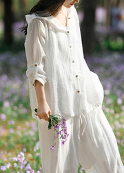 Women White Hooded Button Patchwork Cotton Coats Long Sleeve