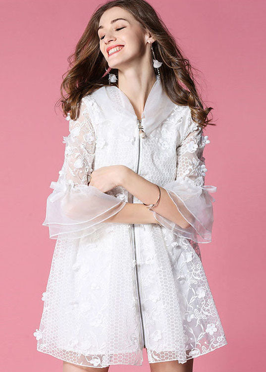 Women White Hooded Hollow Out Applique Organza Jacket Spring