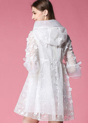 Women White Hooded Hollow Out Applique Organza Jacket Spring